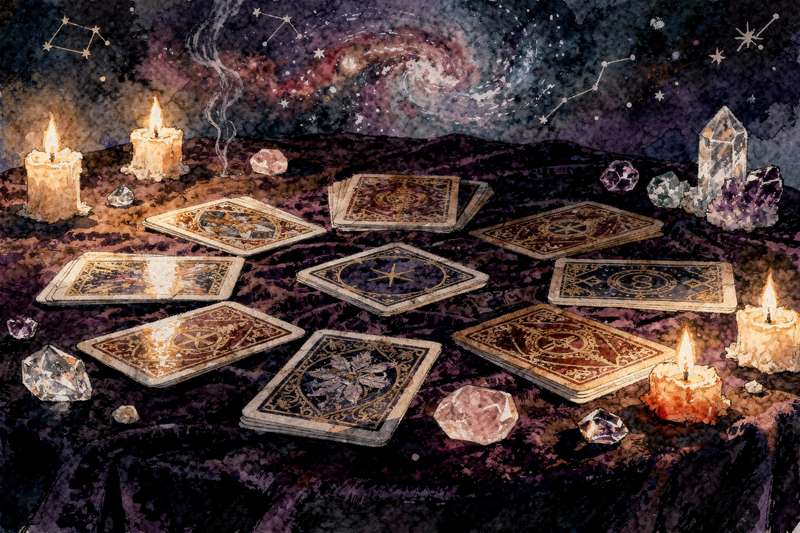 Tarot-Karten in einer kreisförmigen Anordnung zur Deutung der Wintersonnenwende und ihrer spirituellen Bedeutung.