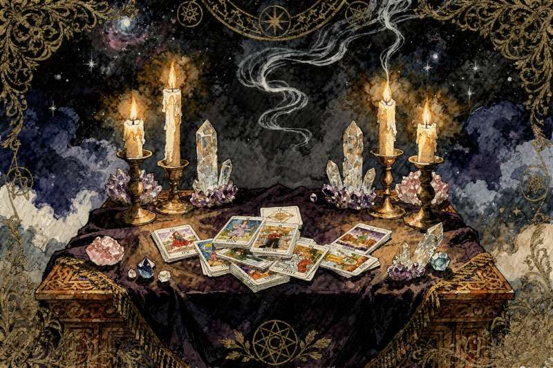 Tarotkarten in Feuerrot und Gold arrangiert, die Widder-Energie mit kraftvollen Symbolen wie Flammen und Widderköpfen darstellen.