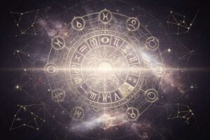 Astrologisches Rad mit zwölf Sternzeichen und ihren symbolischen Darstellungen, die die individuellen emotionalen Bedürfnisse...