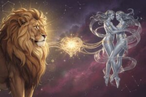 Löwe und Zwillinge Sternzeichen nebeneinander mit Symbolen ihrer astrologischen Eigenschaften dargestellt.