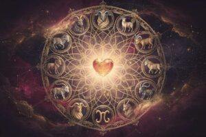 Astrologisches Rad zeigt die Jungfrau mit kompatiblen Sternzeichen für tiefe und harmonische Freundschaften.