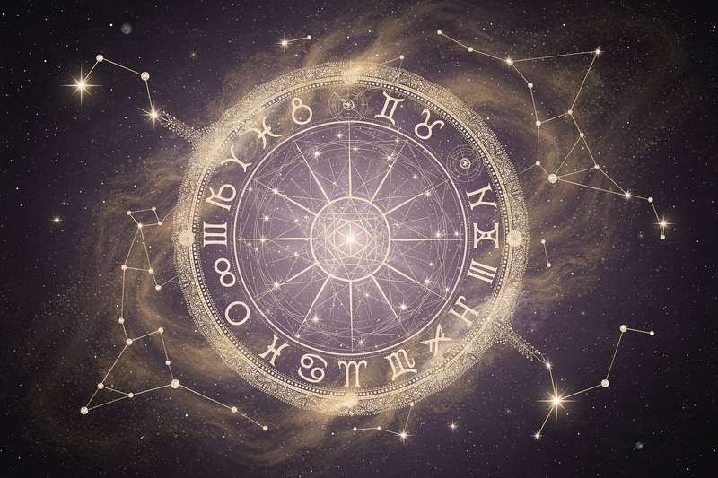 Astrologische Symbole der zwölf Sternzeichen angeordnet um Geldscheine und Münzen, die verschiedene finanzielle...