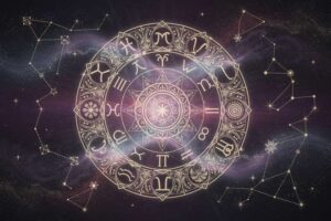 Astrologische Darstellung der Venus im Sternzeichen Zwillinge mit symbolischen Elementen für Liebe und Kommunikation.