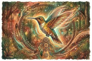 Schimmernder Kolibri mit ausgebreiteten Flügeln schwebt vor unscharfem grünem Hintergrund.