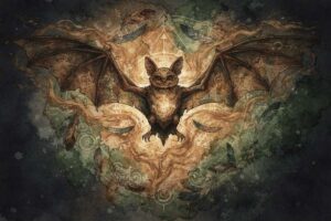 Fledermaus hängend an einem Ast, symbolisiert Intuition und Transformation als Krafttier.