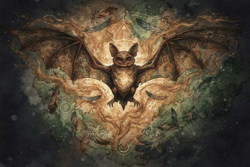 Fledermaus hängend an einem Ast, symbolisiert Intuition und Transformation als Krafttier.