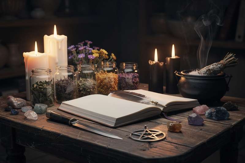 Ritualgegenstände und Kräuter auf einem dunklen Altar zur Durchführung von Schutzmagie und energetischen Arbeiten.