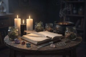 Schamanische Reise zwischen den Welten mit Kerzen und Kristallen zur Unterstützung von Astralprojektion und magischen Praktiken.