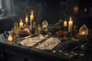 Ritualmesser mit schwarzem Griff und glänzender Klinge liegt auf einem dunklen Altar neben Kerzen und Kristallen.