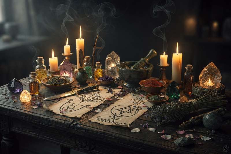 Ritualmesser mit schwarzem Griff und glänzender Klinge liegt auf einem dunklen Altar neben Kerzen und Kristallen.