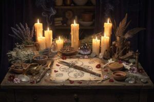 Traditionelle Hexenpraktiken und Ritualgegenstände aus der lateinamerikanischen Brujería-Kultur.