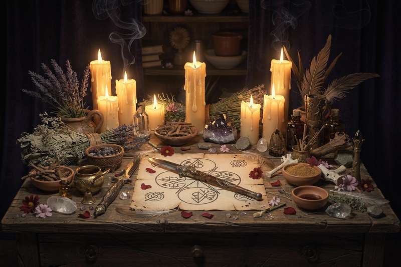 Traditionelle Hexenpraktiken und Ritualgegenstände aus der lateinamerikanischen Brujería-Kultur.