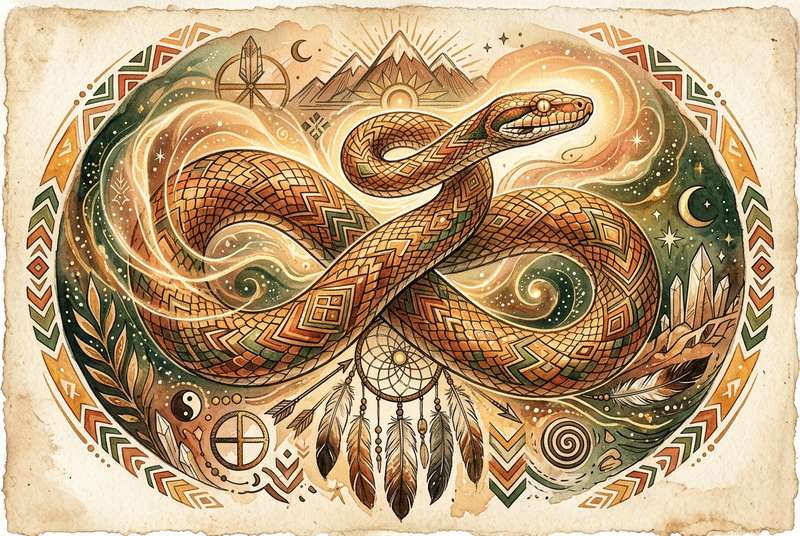 Schlange windet sich spiralförmig um einen Ast und symbolisiert Wandel, Heilung und die Kraft der persönlichen Transformation.