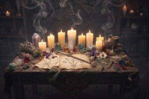 Altehrwürdige keltische Symbole und Kräuter liegen auf einem Altar neben brennenden Kerzen und einem offenen Grimoire.