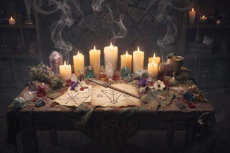 Altehrwürdige keltische Symbole und Kräuter liegen auf einem Altar neben brennenden Kerzen und einem offenen Grimoire.