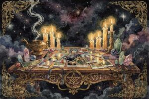 Tarotkarten aus einem Deck liegen ausgebreitet auf einem Tuch und zeigen verschiedene Symbole sowie Figuren für eine Wochenlesung.