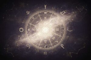Astrologische Darstellung der Planetenbewegungen im September mit romantischen Symbolen und Sternzeichen für die Liebe.