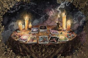 Tarotkarten mit Symbolen liegen auf einem dunklen Tuch zur Deutung von Kommunikationssituationen.