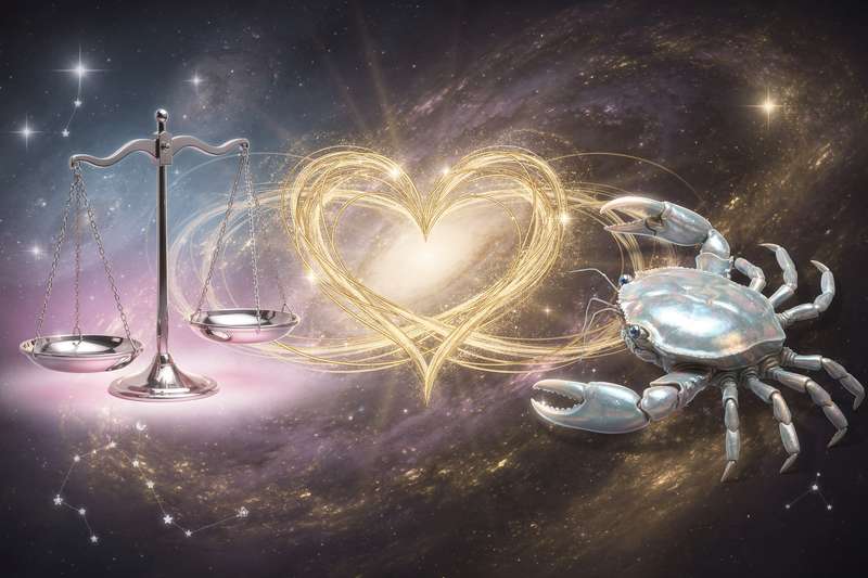 Astrologische Darstellung der Partnerschaftsdynamik zwischen einem Waage-Mann und einer Krebs-Frau mit ihren jeweiligen...
