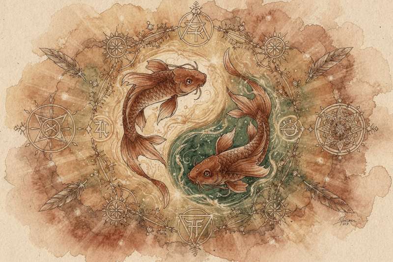 Bunte Fische schwimmen durch klares Wasser und symbolisieren die intuitive und emotionale Energie des Sternzeichens Fische.