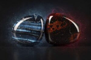 Blauer Tigerauge und Mahagoni-Obsidian Kristalle nebeneinander angeordnet zur Energiereinigung und zum Loslassen von negativen...