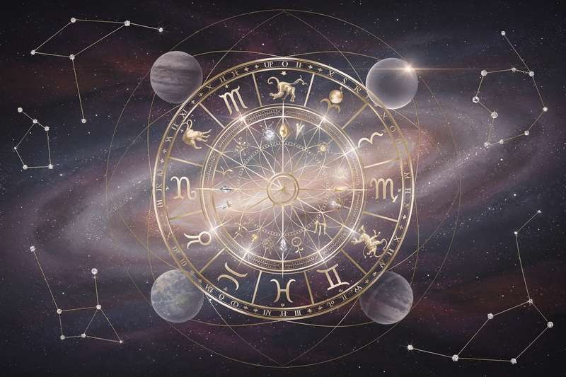 Darstellung der zwölf Tierkreiszeichen in einem Kreis mit ihren astrologischen Symbolen und Eigenschaften.
