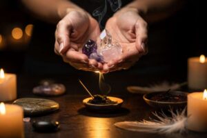 Verschiedene rötliche und braune Kristalle und Mineralsteine zur Förderung von innerer Kraft und Selbstvertrauen.