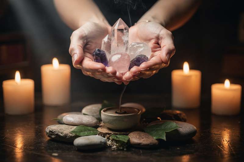 Glänzende durchscheinende Kristalle in warmen Pastelltönen, die für spirituelle Heilung und Energiearbeit verwendet werden.