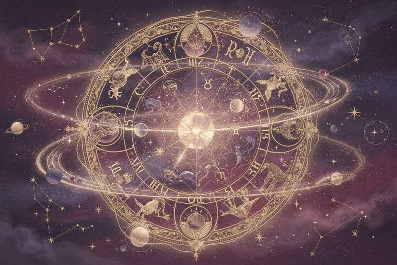 Astrologisches Diagramm zeigt Merkur im Sternzeichen Fische mit mystischen Symbolen und kosmischen Energiemustern.