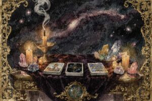 Zwei sich ergänzende Tarotkarten in Yin-Yang-Form angeordnet, die das Gleichgewicht zwischen gegensätzlichen Kräften und...
