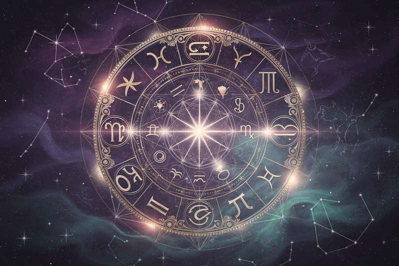 Astrologische Darstellung der Opposition zwischen dem Planeten Jupiter und Pluto am Himmel mit Linien und Symbolen.