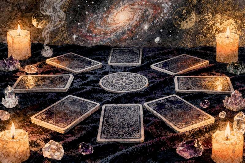 Eine ausgebreitete Tarotkarte zeigt symbolische Bilder und liegt auf einem hellen Untergrund neben Kerzen und Räucherstäbchen...