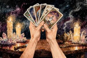Vier Tarot-Karten der Asse liegen nebeneinander und zeigen die symbolischen Darstellungen für Feuer, Wasser, Luft und Erde.