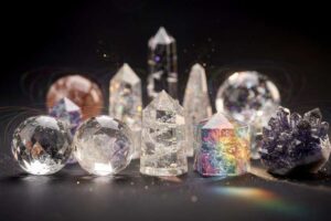 Verschiedene Kristallformen arrangiert nebeneinander, die unterschiedliche geometrische Strukturen und ihre energetischen...