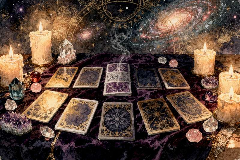 Tarot-Kartenlegesystem mit mehreren aufgedeckten Karten, die für eine intuitive Lesung arrangiert sind.