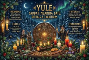 Brennende Kerzen und Winterkräuter auf einem Altar während der Yule-Feierlichkeiten zur Wintersonnenwende.