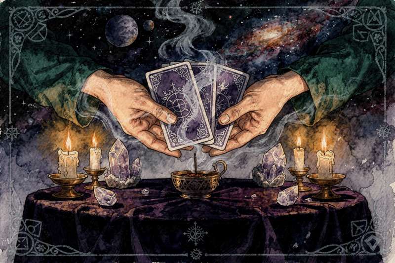 Tarotkarten liegen ausgebreitet auf einem Tuch, während eine Beraterin eine Karte deutet und ihre Klientin aufmerksam zuhört.