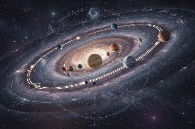Neptun-Symbol und Fische-Konstellation in mystischem blauviolettem Licht über einem Horoskop-Hintergrund.