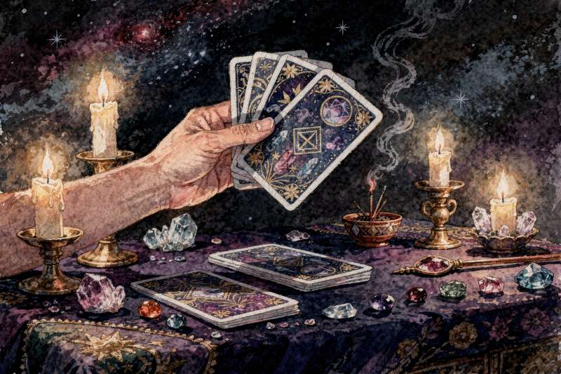 Tarotkarten liegen verteilt auf einem Tisch mit mystischen Symbolen und einer Anleitung zum korrekten Kartenlegen.