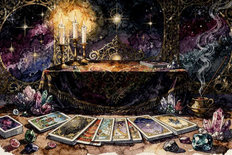 Tarotkarten sind auf einem dunklen Tuch ausgebreitet und zeigen verschiedene Symbole, die bei der Entscheidungsfindung...