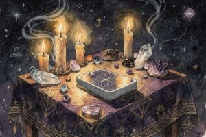 Tarotkarten liegen ausgebreitet auf einem dunklen Untergrund, bereit zur Deutung nach etablierten Lesemethoden.