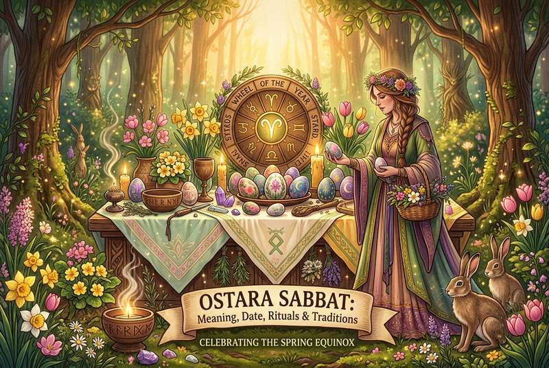 Altar mit Frühjahrsblumen, bemalten Ostereiern und Kerzen zur Feier des Ostara-Sabbats.