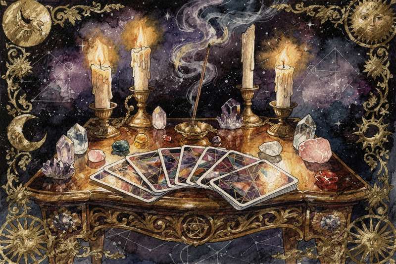 Tarotkarten liegen ausgebreitet auf einem dunklen Tuch, symbolisierend wie Gedanken und Worte die eigene Zukunft beeinflussen.