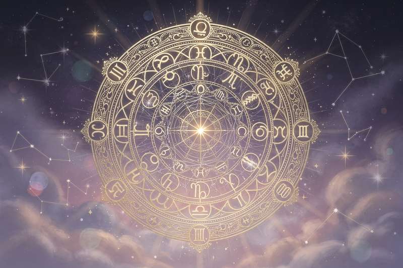 Astrologische Himmelskarte mit Planetenpositionen und Sternzeichen für die Wochenprognose im Januar und Februar.