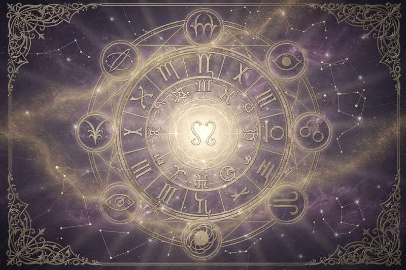 Astrologisches Rad mit Symbolen der Glücksplaneten Jupiter und Venus, umgeben von Münzen und Lichtstrahlen zur Darstellung von...