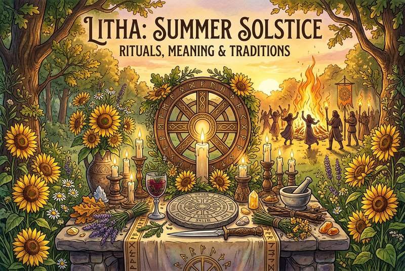 Kerzen und Kräuter bilden einen mystischen Kreis auf einem Altar zur Feier der Sommersonnenwende und des Litha Sabbats.
