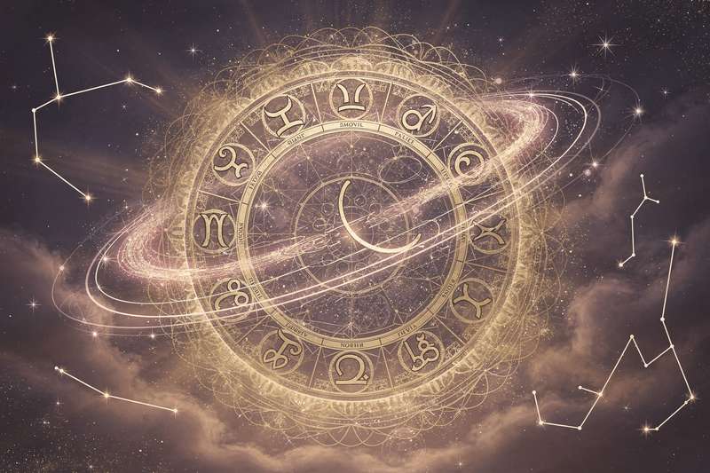 Astrologisches Rad mit den zwölf Sternzeichen rund um das Krebssymbol in der Mitte zur Veranschaulichung der Krebssaison.