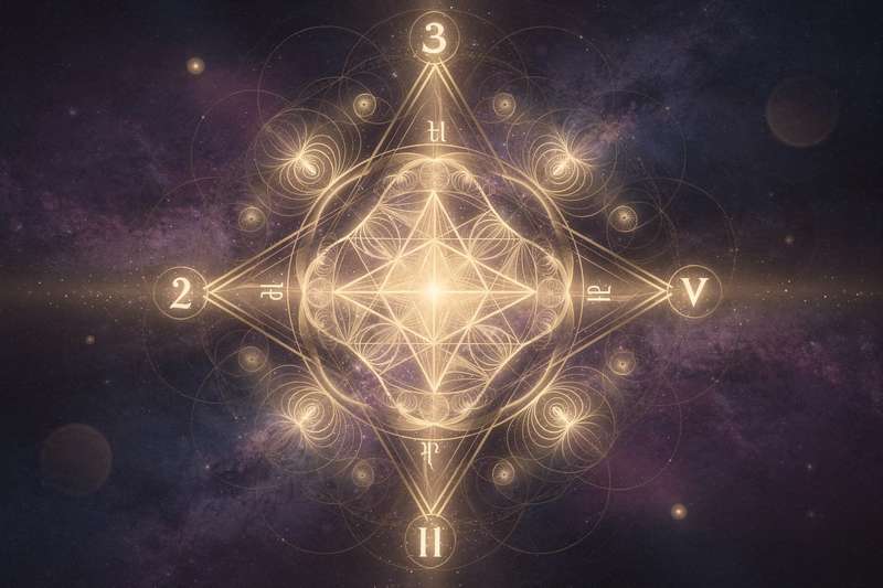 Verschiedene numerologische Symbole und Zahlen werden in einem harmonischen Muster angeordnet, um die mystischen Bedeutungen...