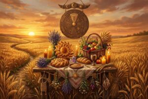 Lughnasadh Altar mit Getreidegarben, Kerzen und Früchten zur Feier des Erntedankfestes.