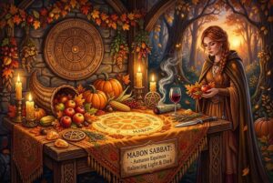 Herbstliche Ernte mit reifen Früchten, Getreide und Blättern auf einem natürlichen Holzuntergrund zur Feier des Mabon-Sabbats.